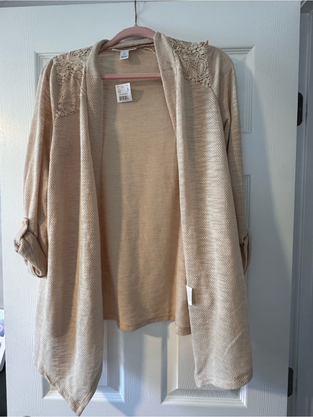 Maternity Beige Open-Front Women's Cardigan with Lace Shoulders